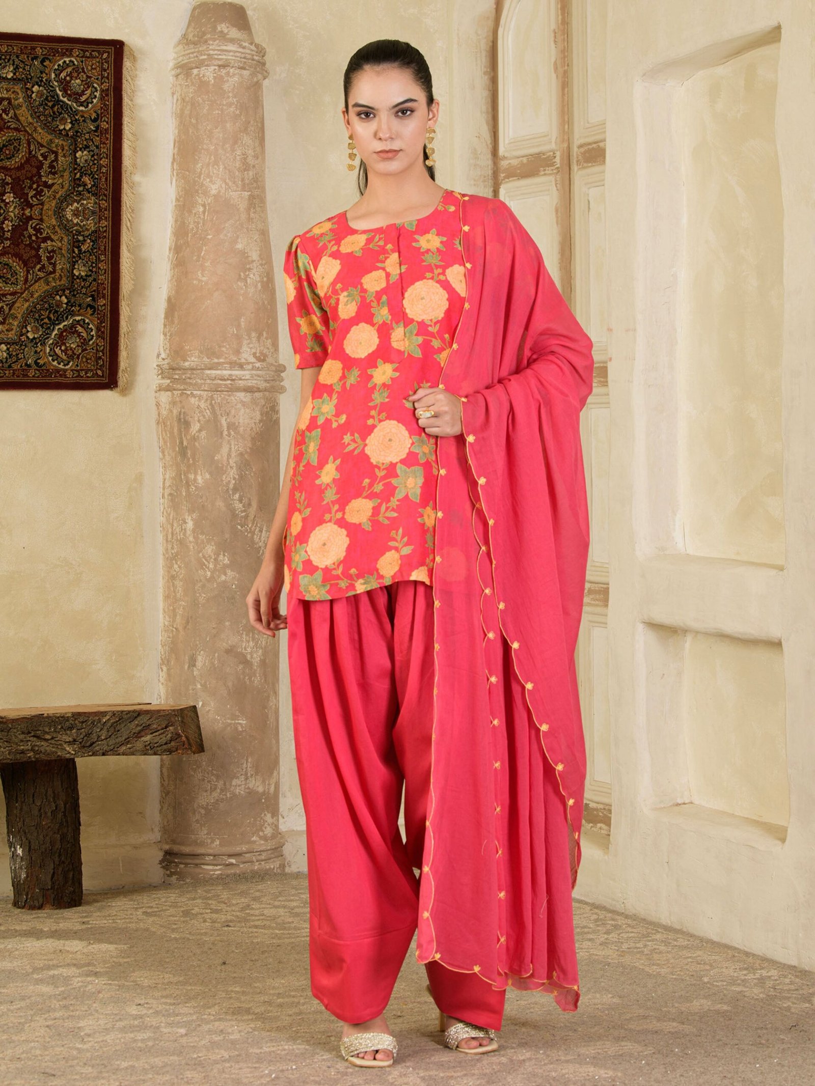 Pink Printed Farsi Salwar Kurta Set ( set of 3 )