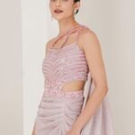 Shimmer pink embroidered pre stitched saree