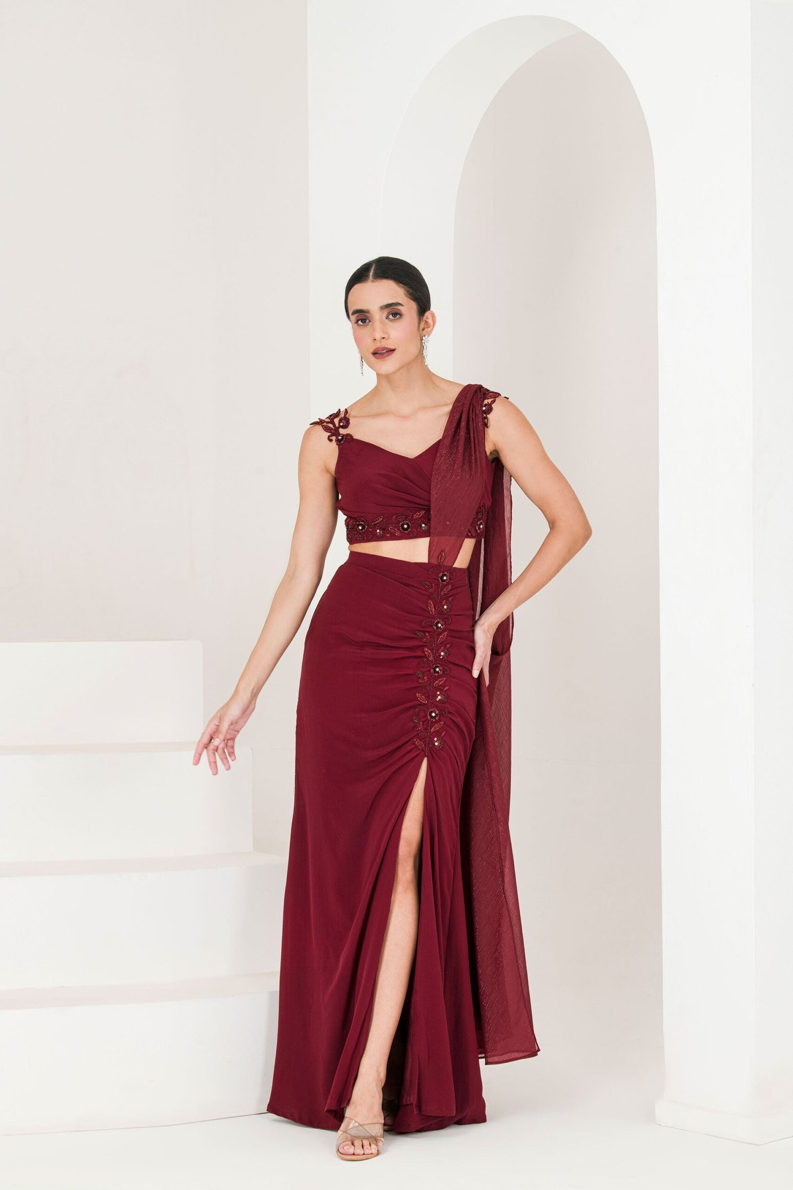 Maroon hand embroidered pre stitched saree