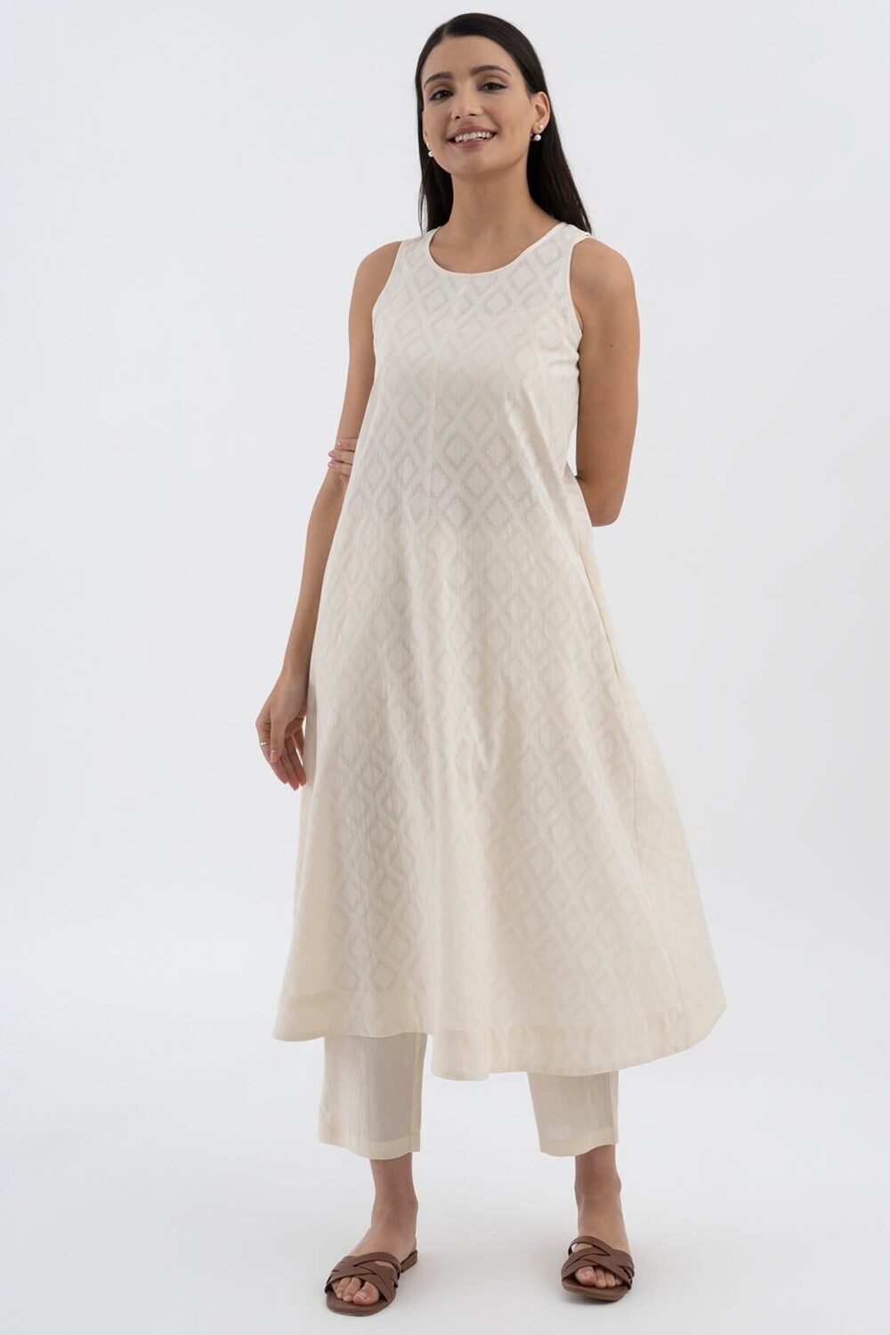 Cotton Jacquard A line Kurta With Slip Blouse - Ivory