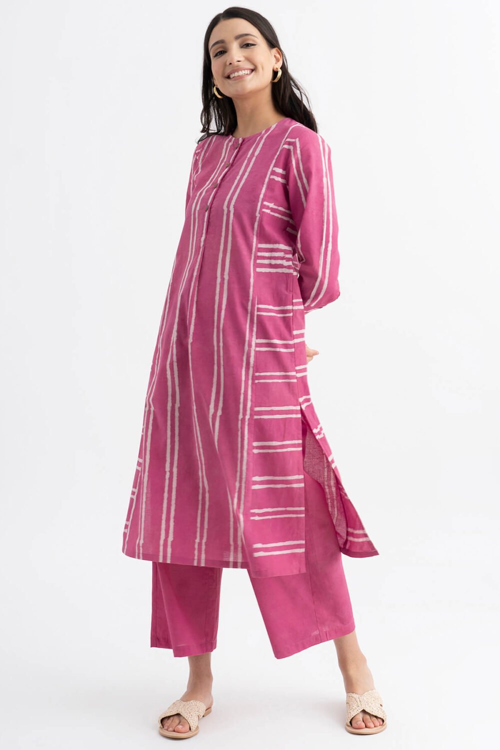 Cotton Dabu Handblock Striped Printed Kurta Set - Pink