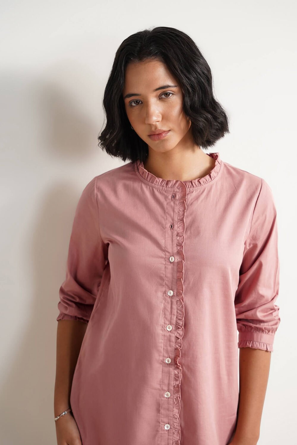 Solid Linen Blend Collared Top - Pink