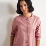 Solid Linen Blend Collared Top - Pink