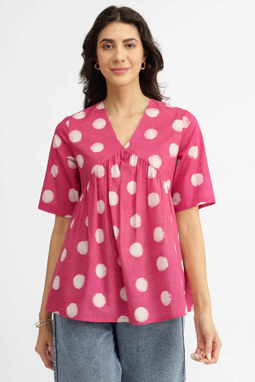 Cotton Dabu Handblock Polka Printed Top - Pink