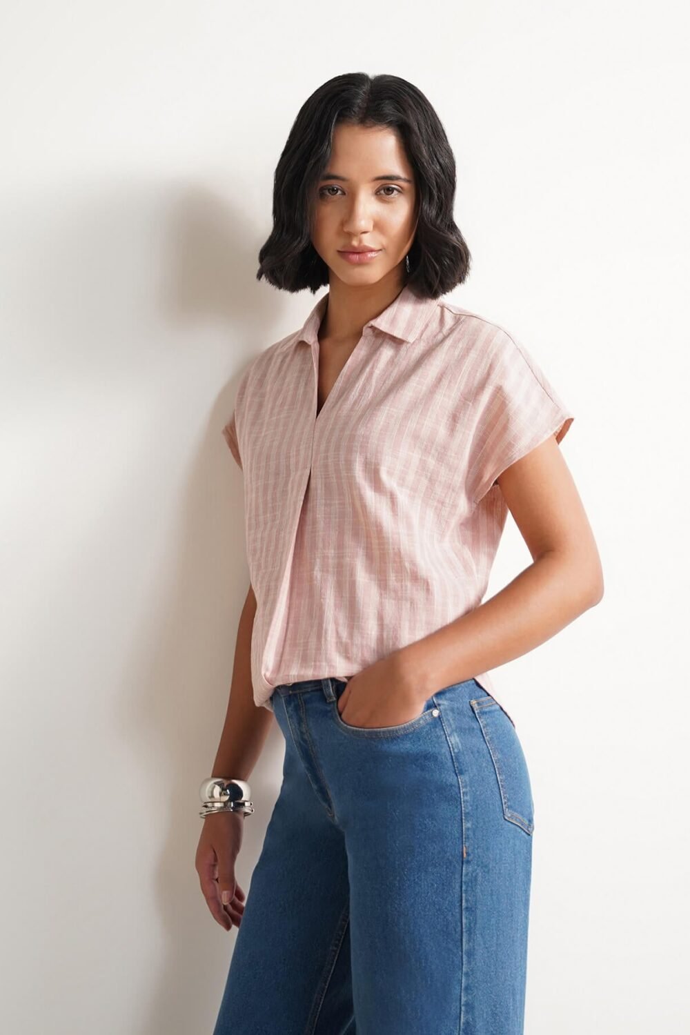 Cotton Checked Collared Top - Pink