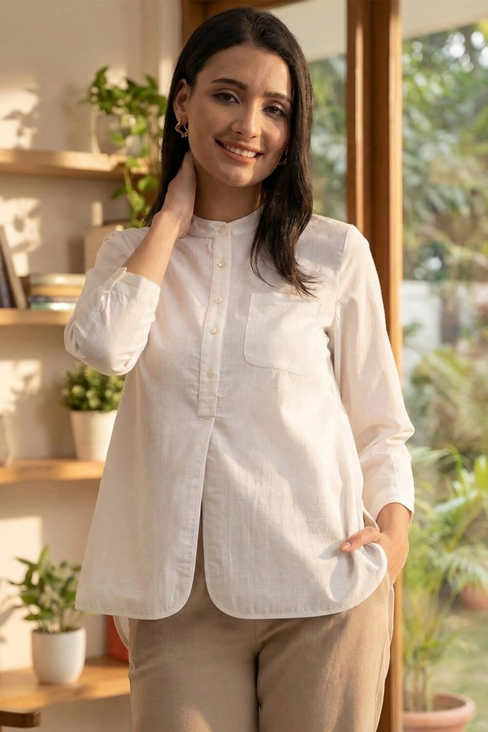 Linen Blend Mandarin Collar Top - White
