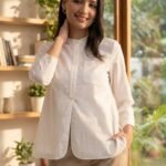 Linen Blend Mandarin Collar Top - White