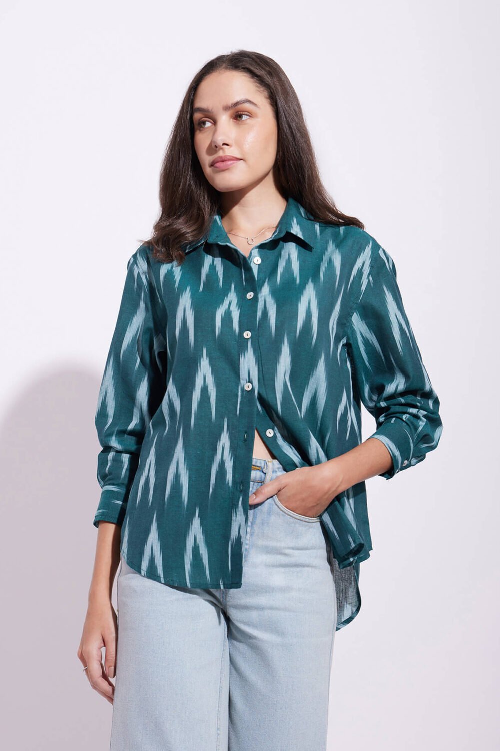 Cotton Ikat Full Sleeves Shirt - Green