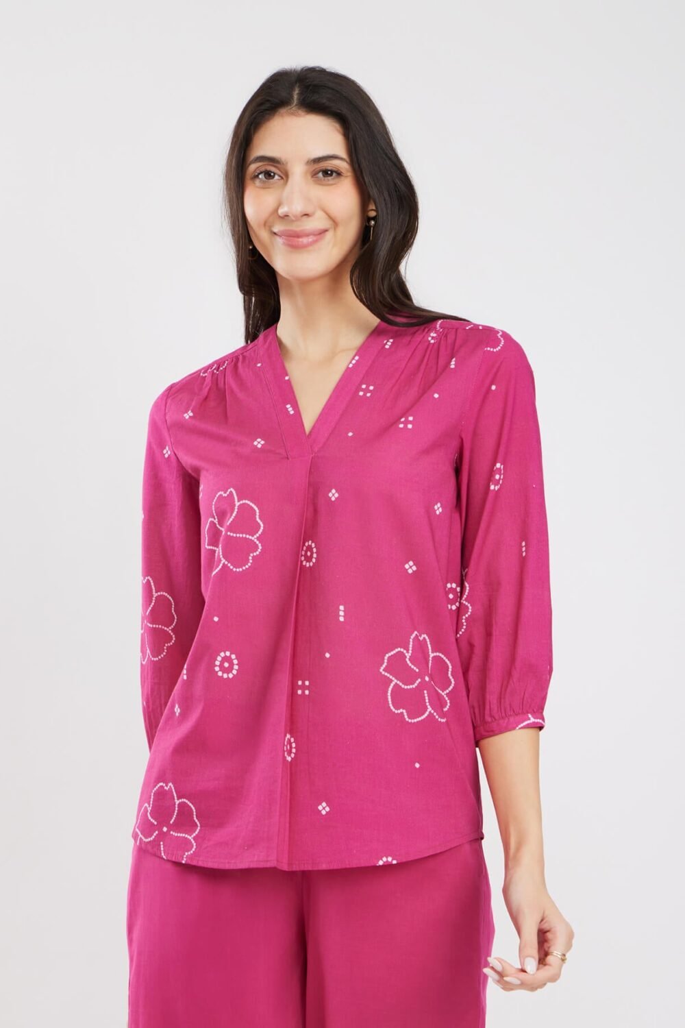 Cotton Bandhani Floral Pleated Top - Pink