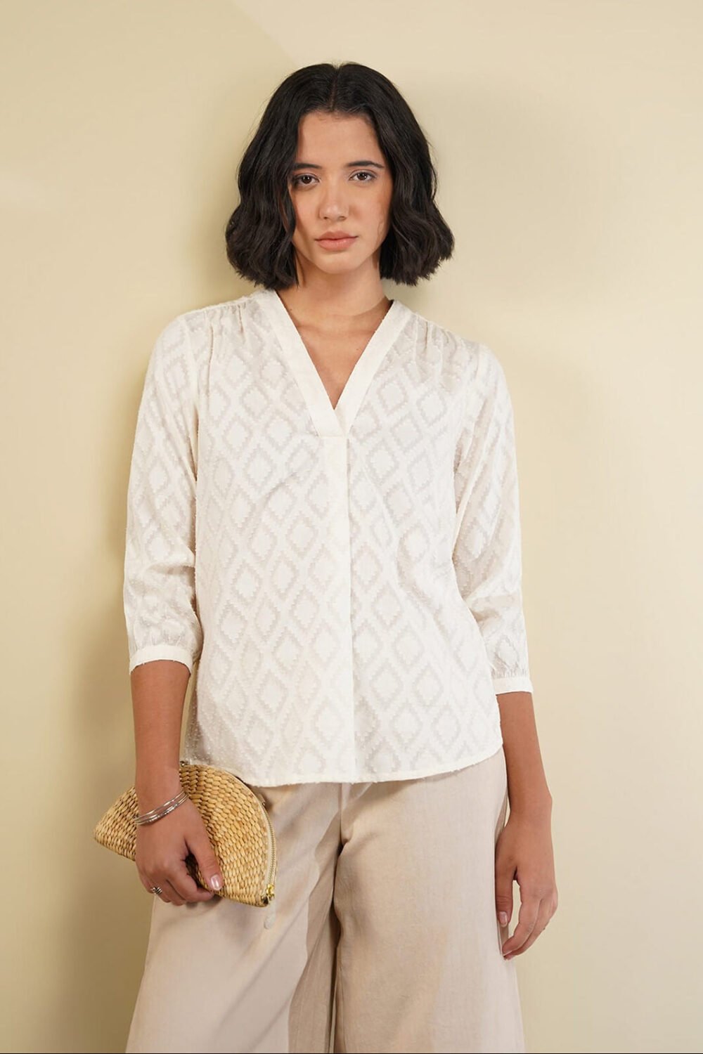 Cotton Jacquard Pleated Top - White