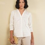 Cotton Jacquard Pleated Top - White