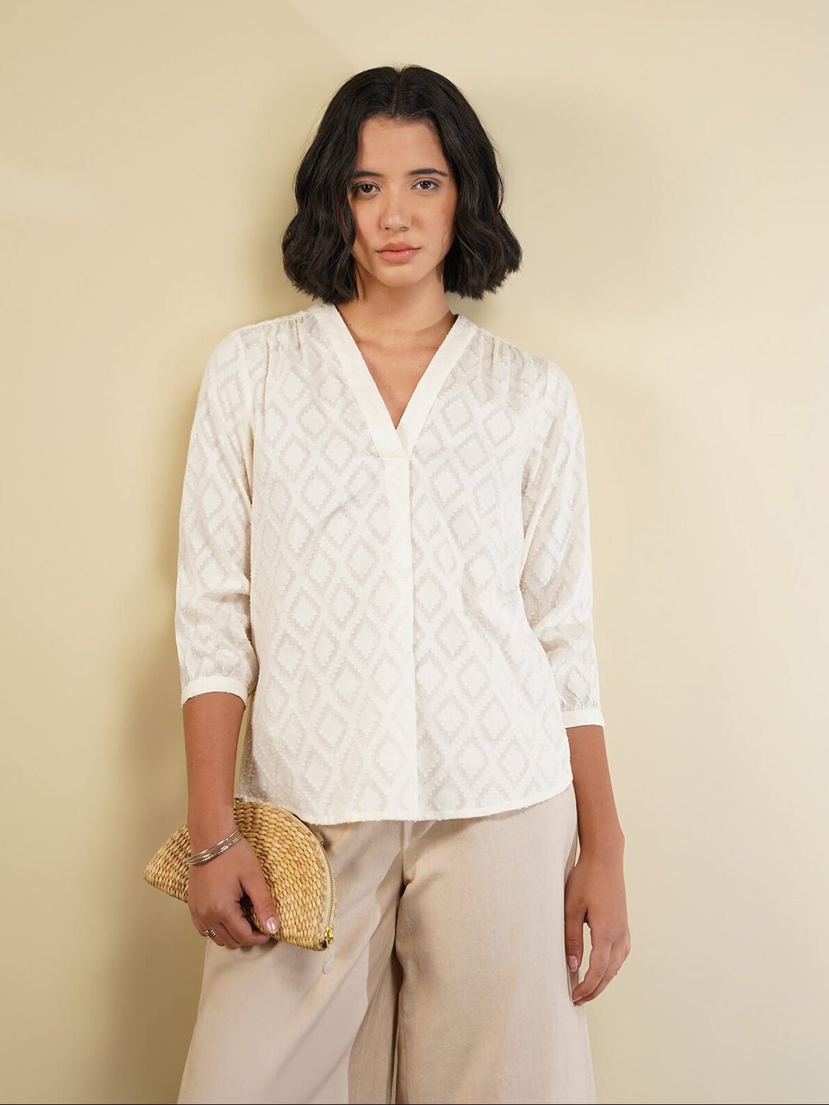 Cotton Jacquard Pleated Top - White