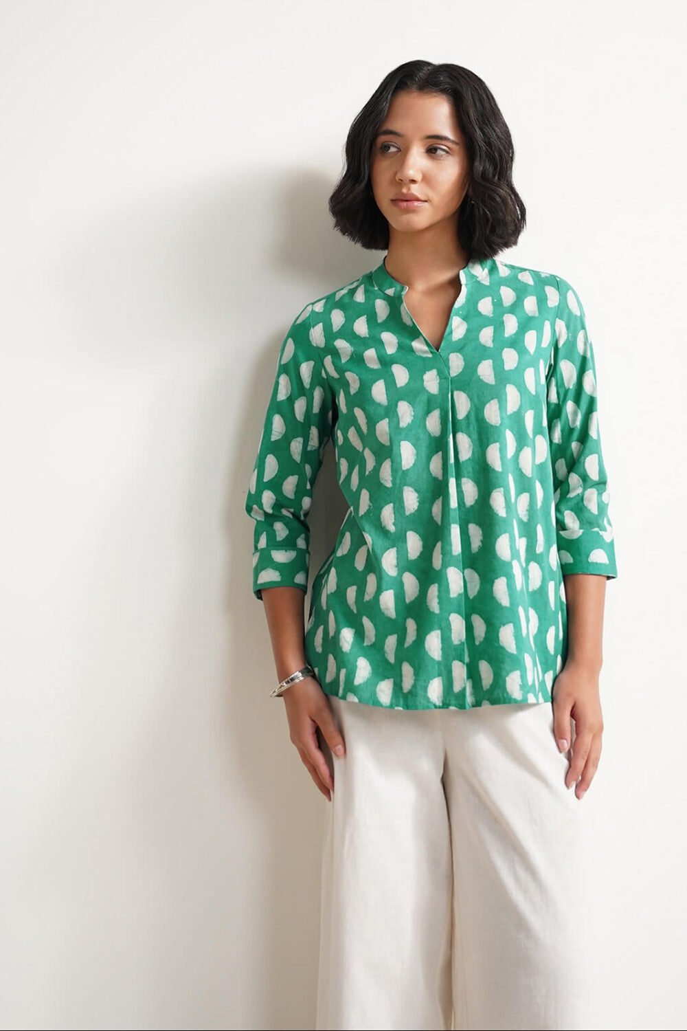 Cotton Dabu Handblock Moon Polka Top - Green