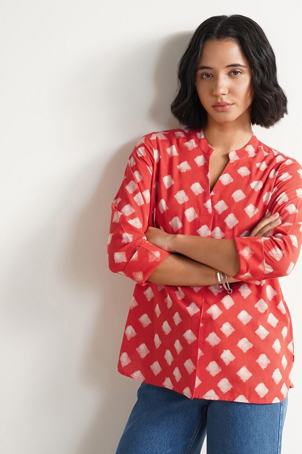 Cotton Dabu Geometric Print Top - Peach