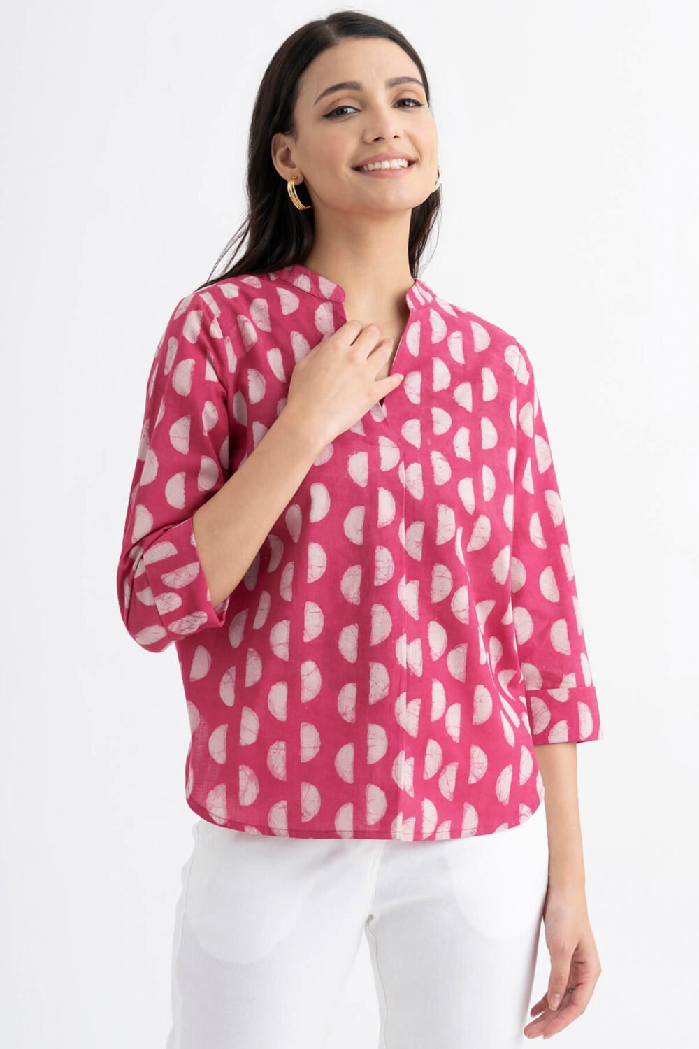 Cotton Dabu Handblock Polka Printed Shirt - Pink