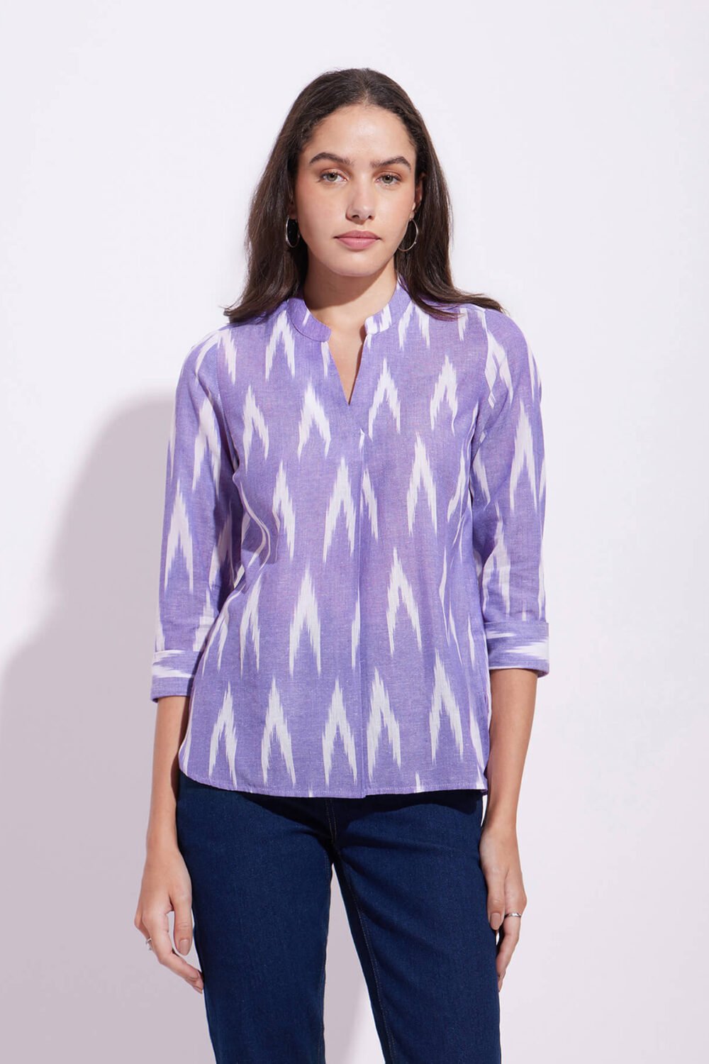 Cotton Ikat Front Pleated Top - Purple