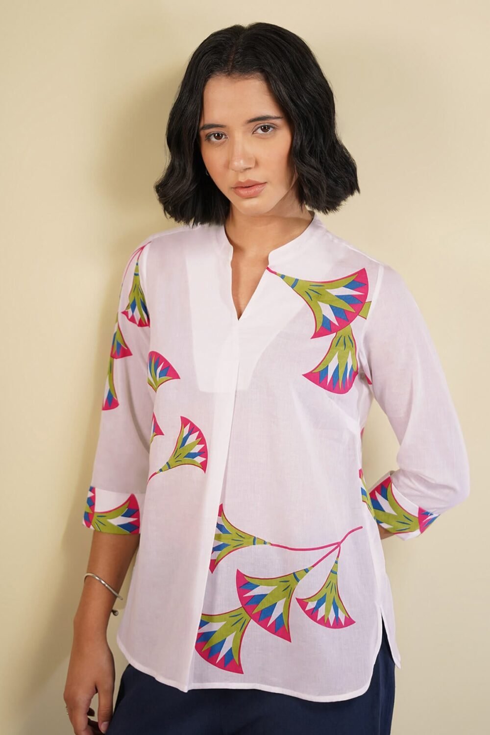 Cotton Floral Shirt Style Top - White