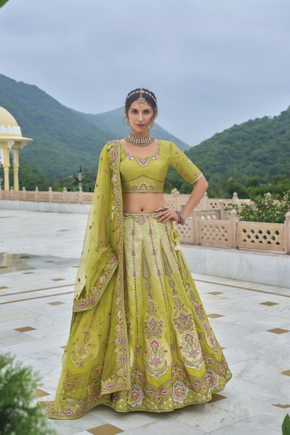 Mehendi Green Sequins and Floral Embroidery Silk Bridesmaid Lehenga