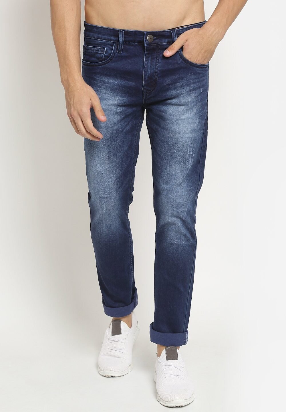 Men Dark Blue Solid Cotton Blend Jeans