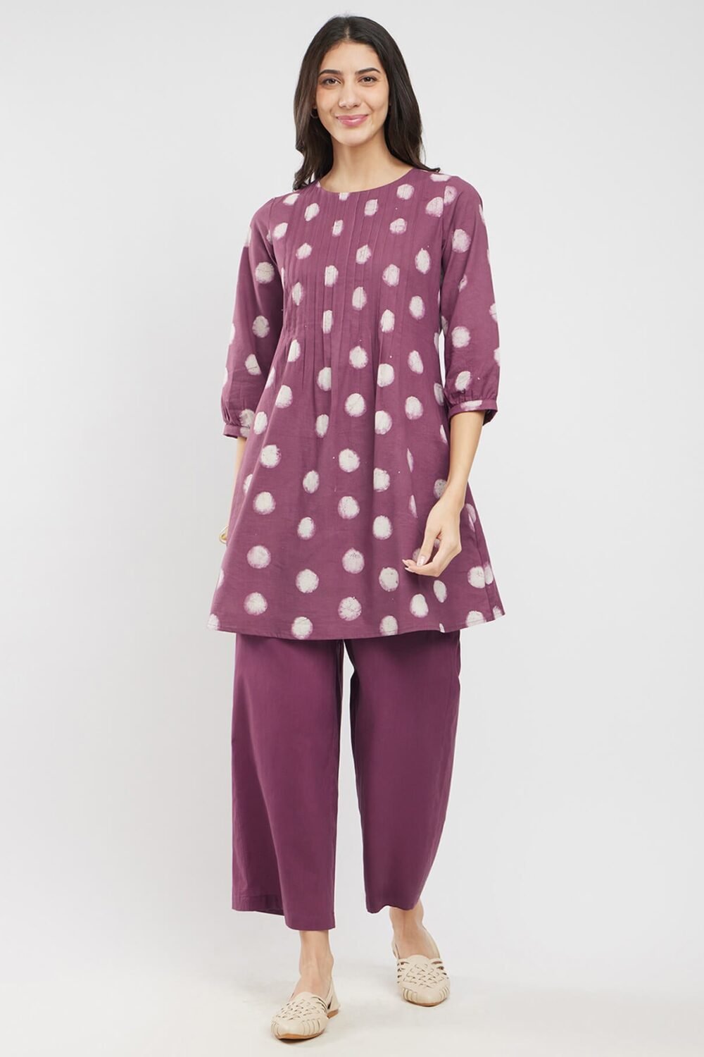 Cotton Dabu Polka Pintuck Co-ord Set - Burgundy