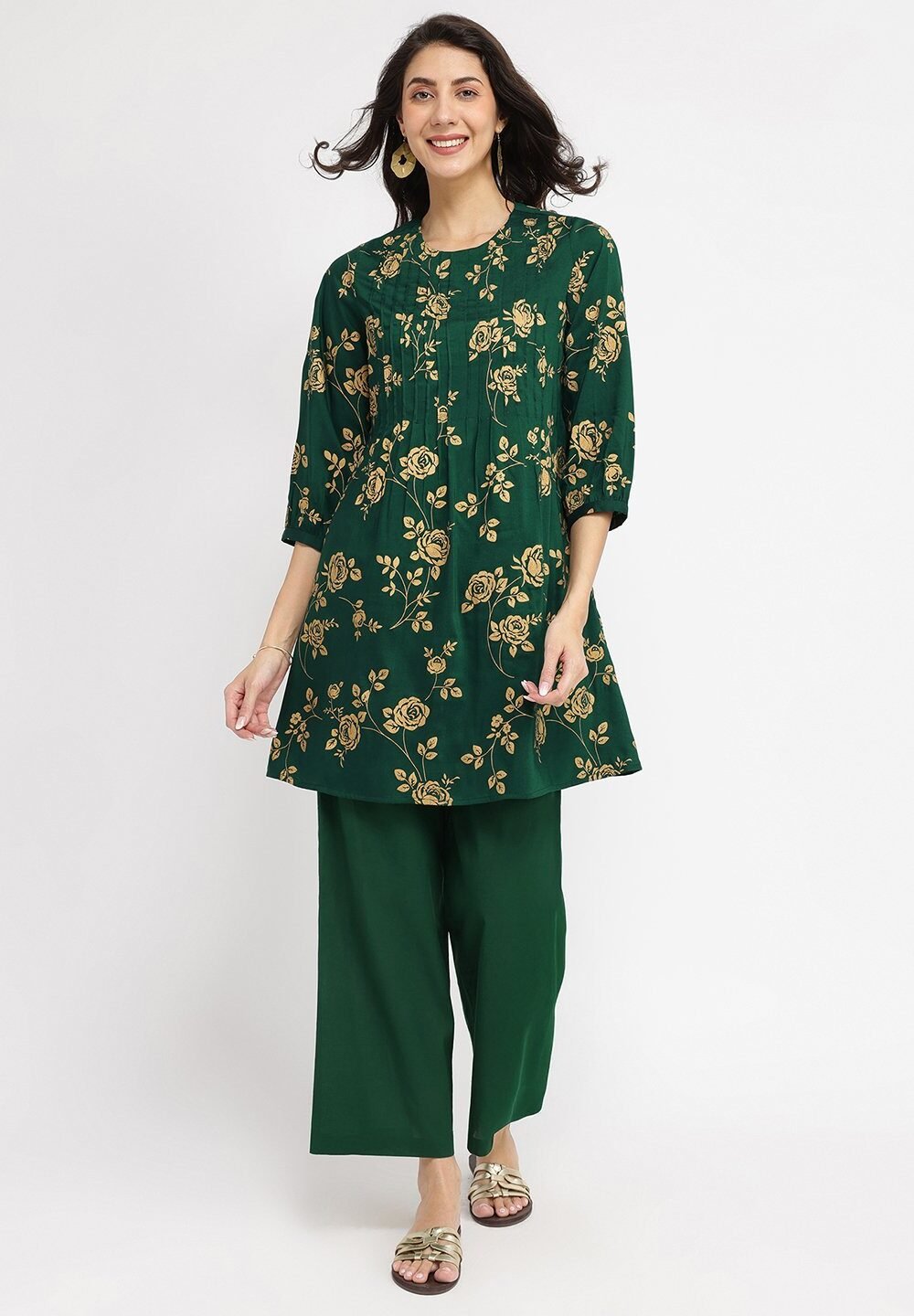 Silk Blend Floral Co-ord Set - Green & Gold