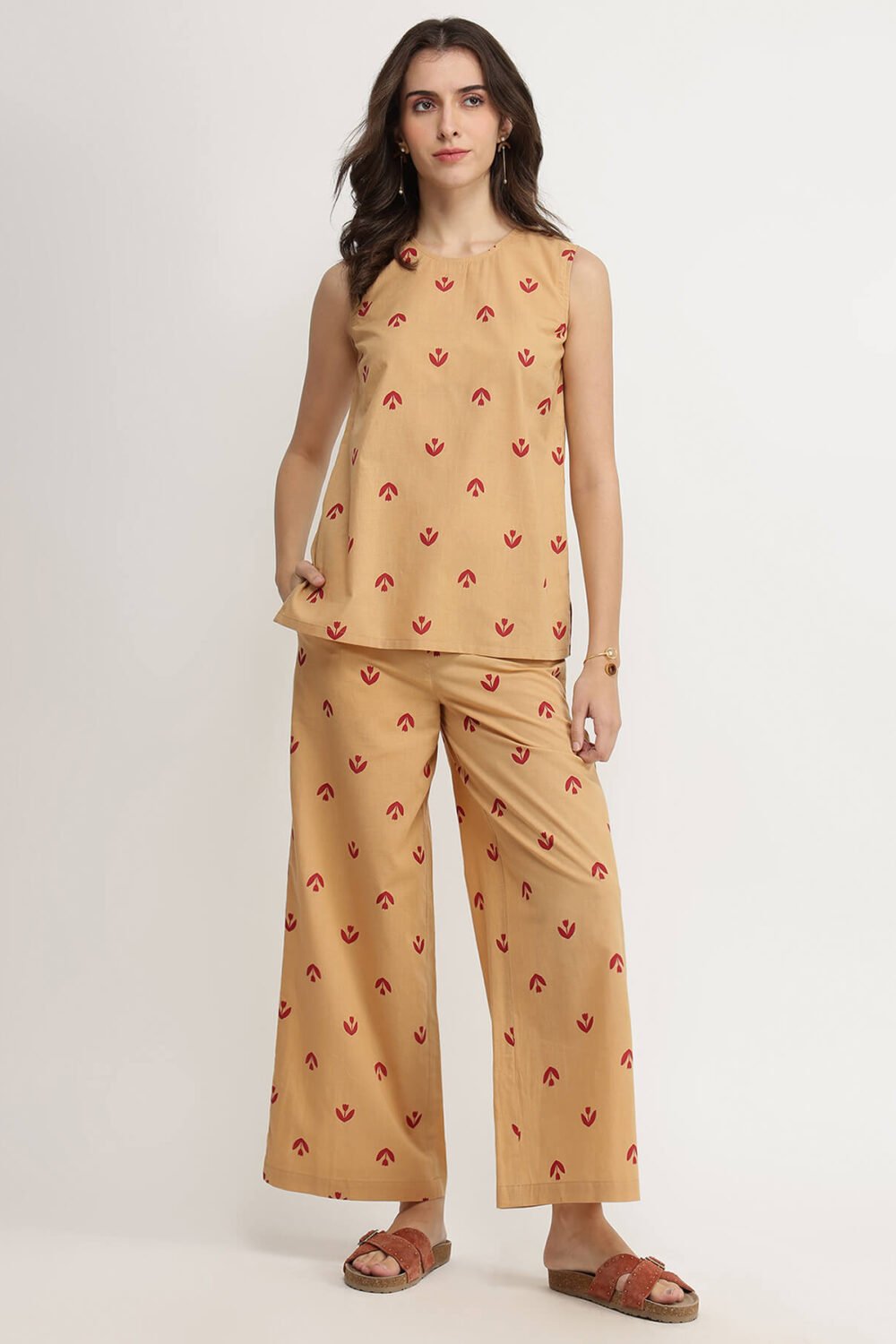 Cotton Floral Co-ord Set - Beige & Red