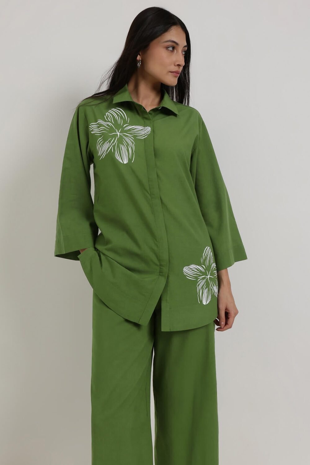 Cotton Placement Floral Co-Ord Set - Green