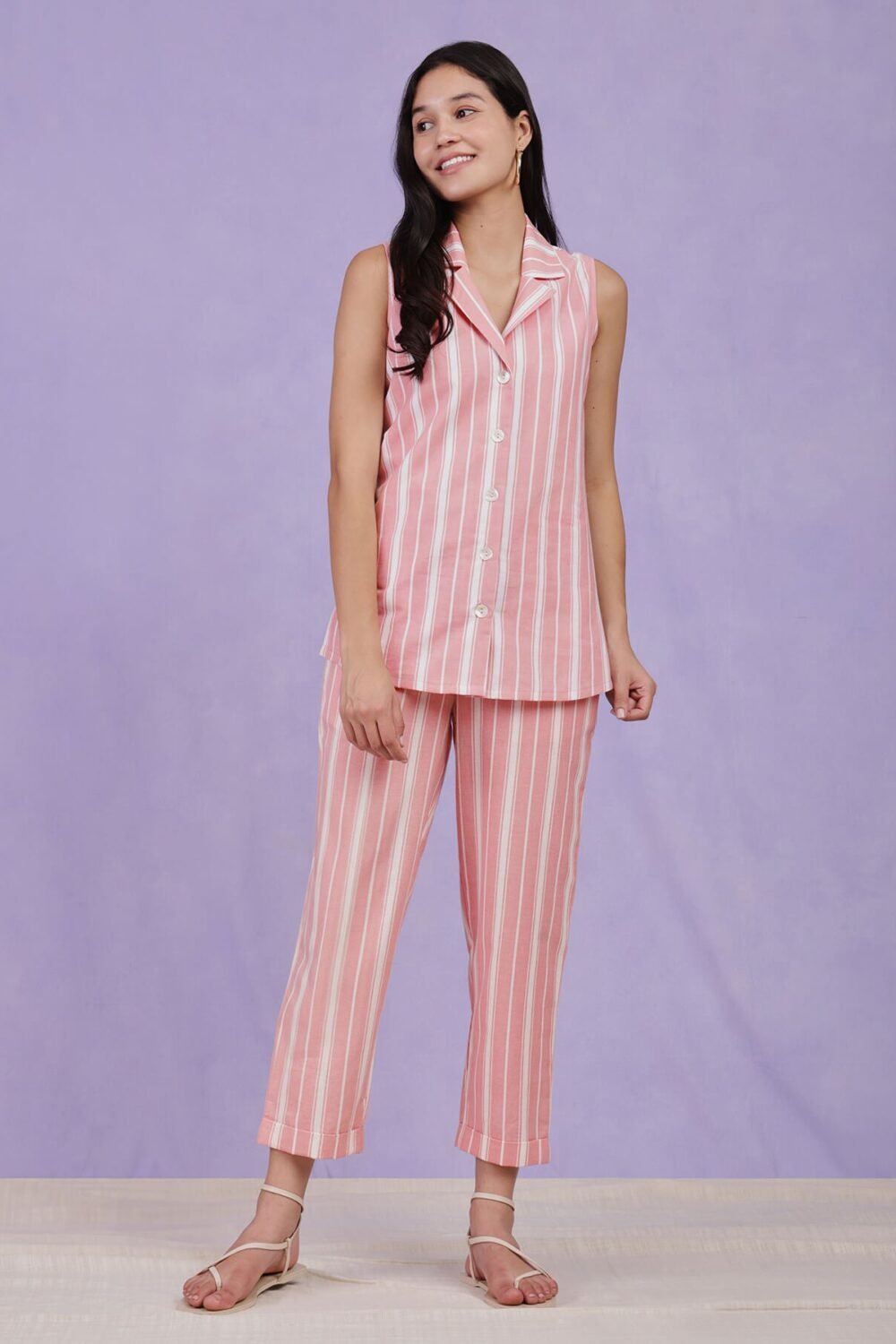 Cotton Striped Co-ord Set - Light Pink