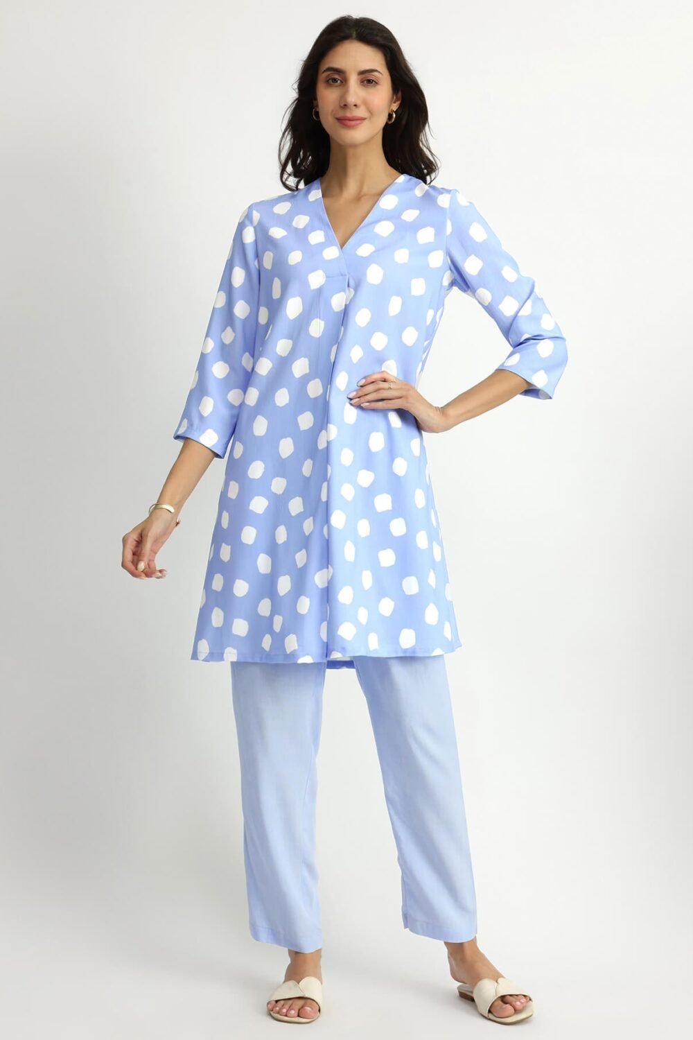 Rayon Polka Pleated Co-ord Set - Blue