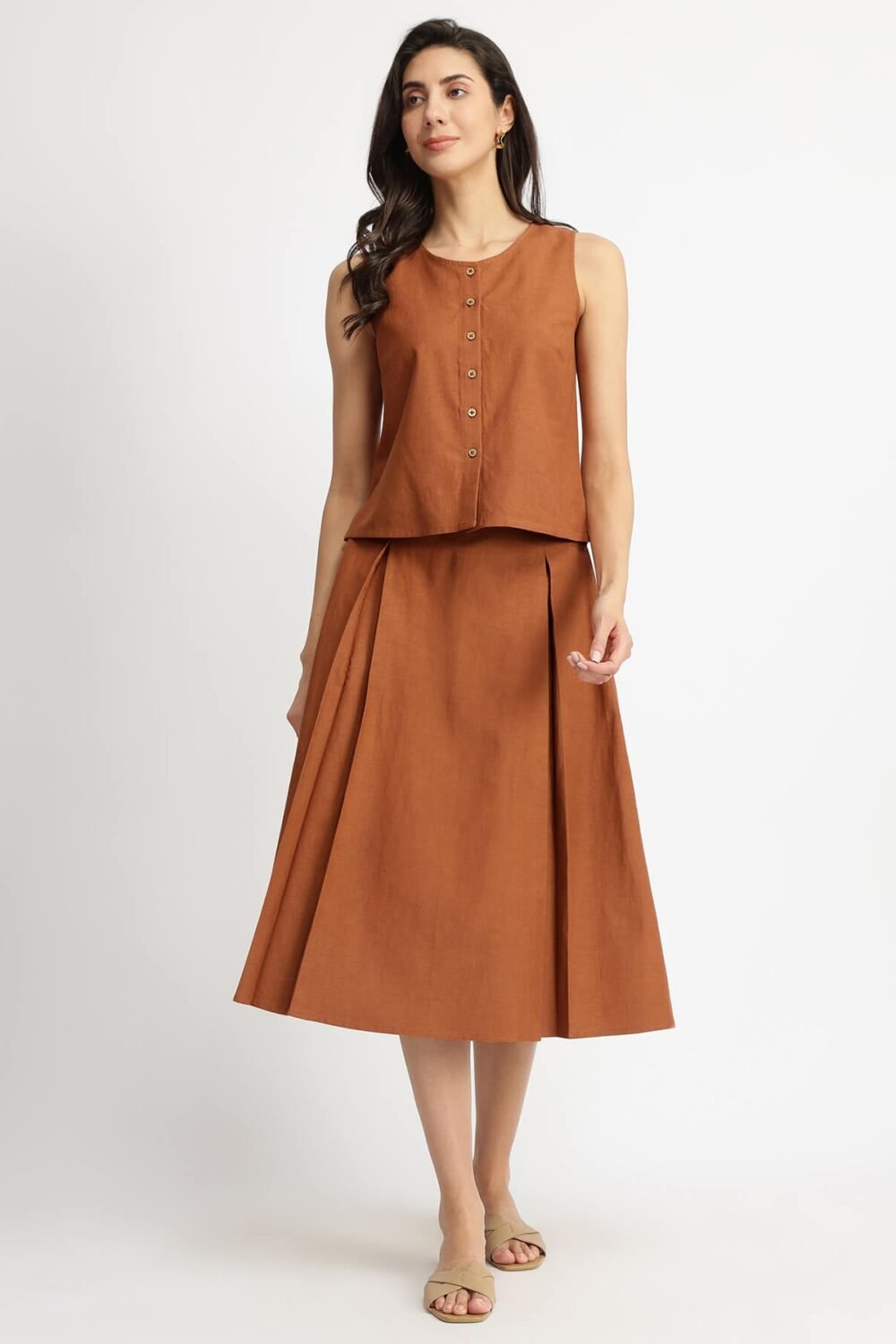 Linen Blend Solid Skirt Set - Rust