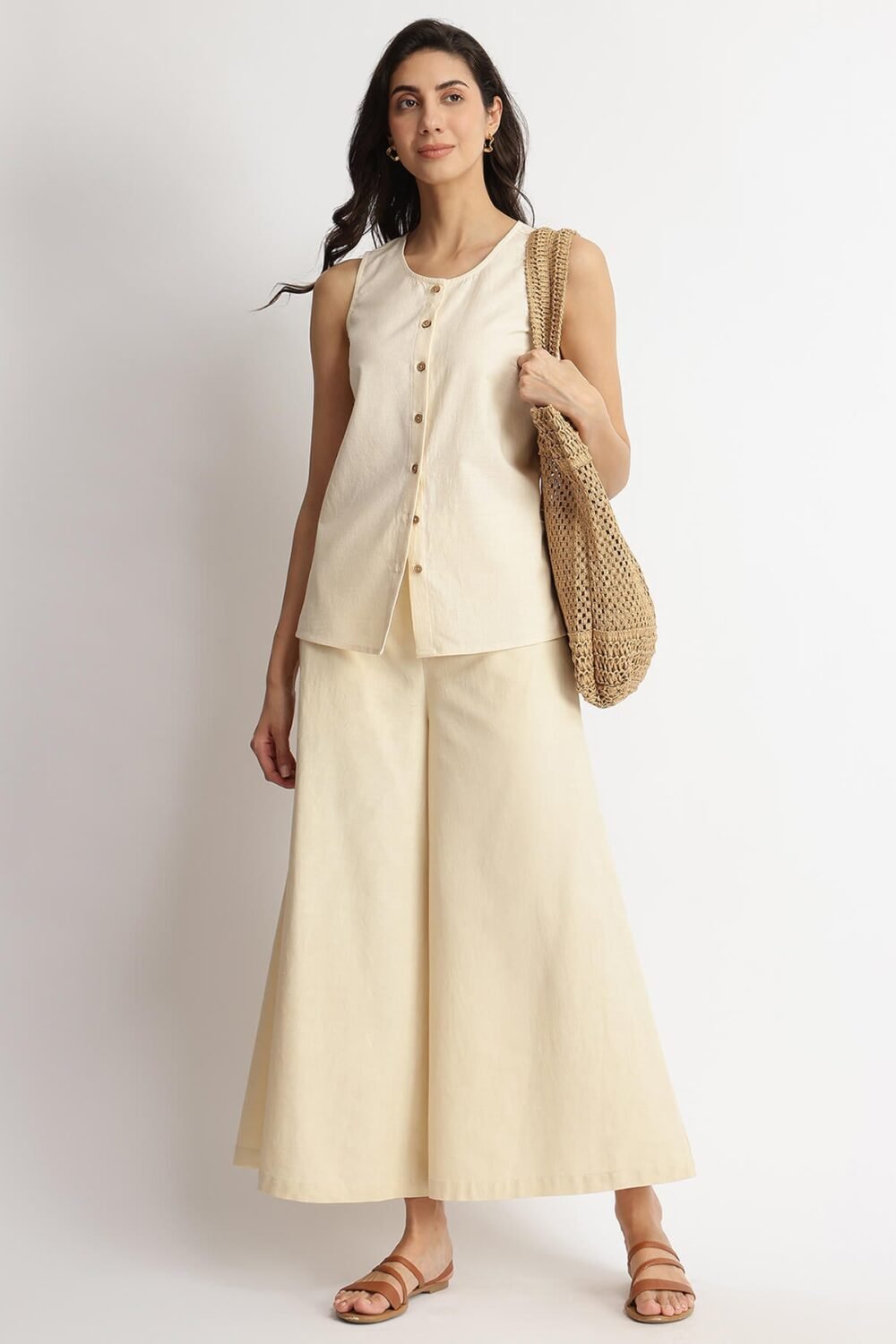 Linen Blend Solid Co-ord Set - Beige