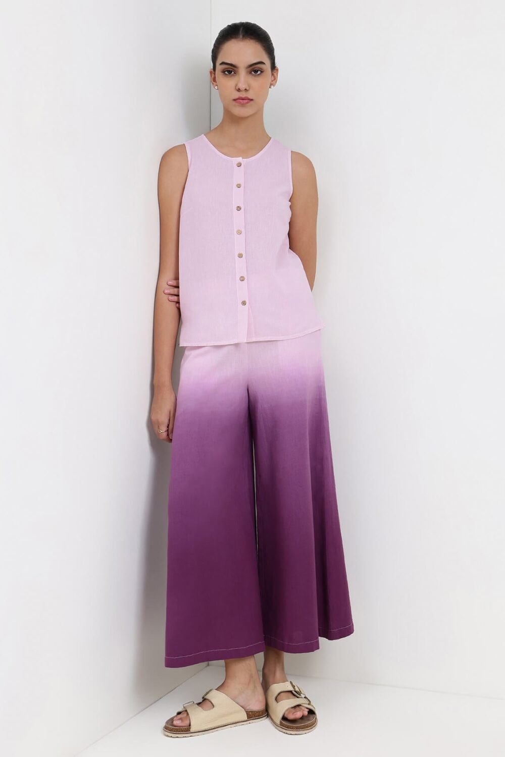 Linen Blend Solid Co-ord Set - Lavender