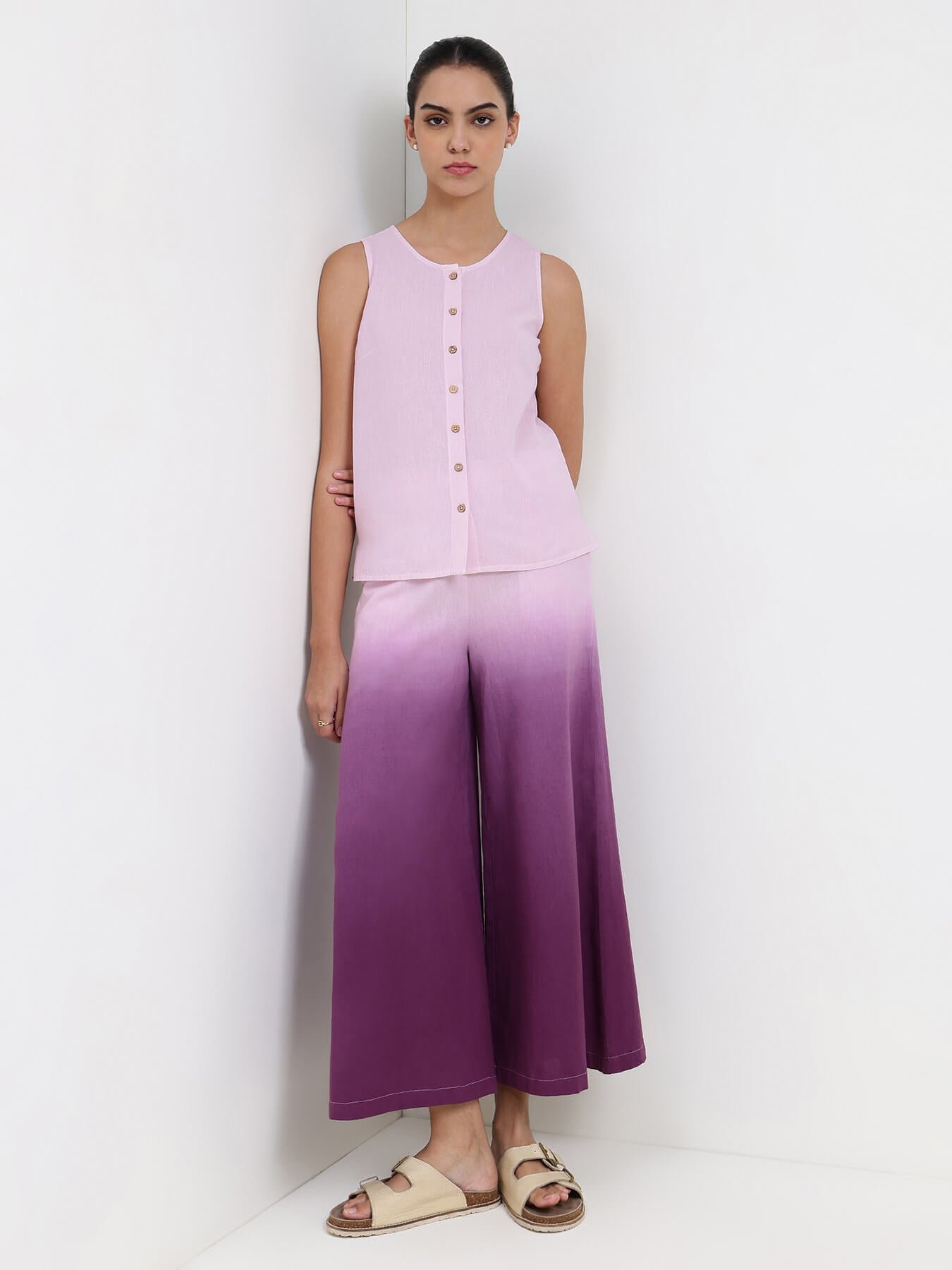 Linen Blend Solid Co-ord Set - Lavender