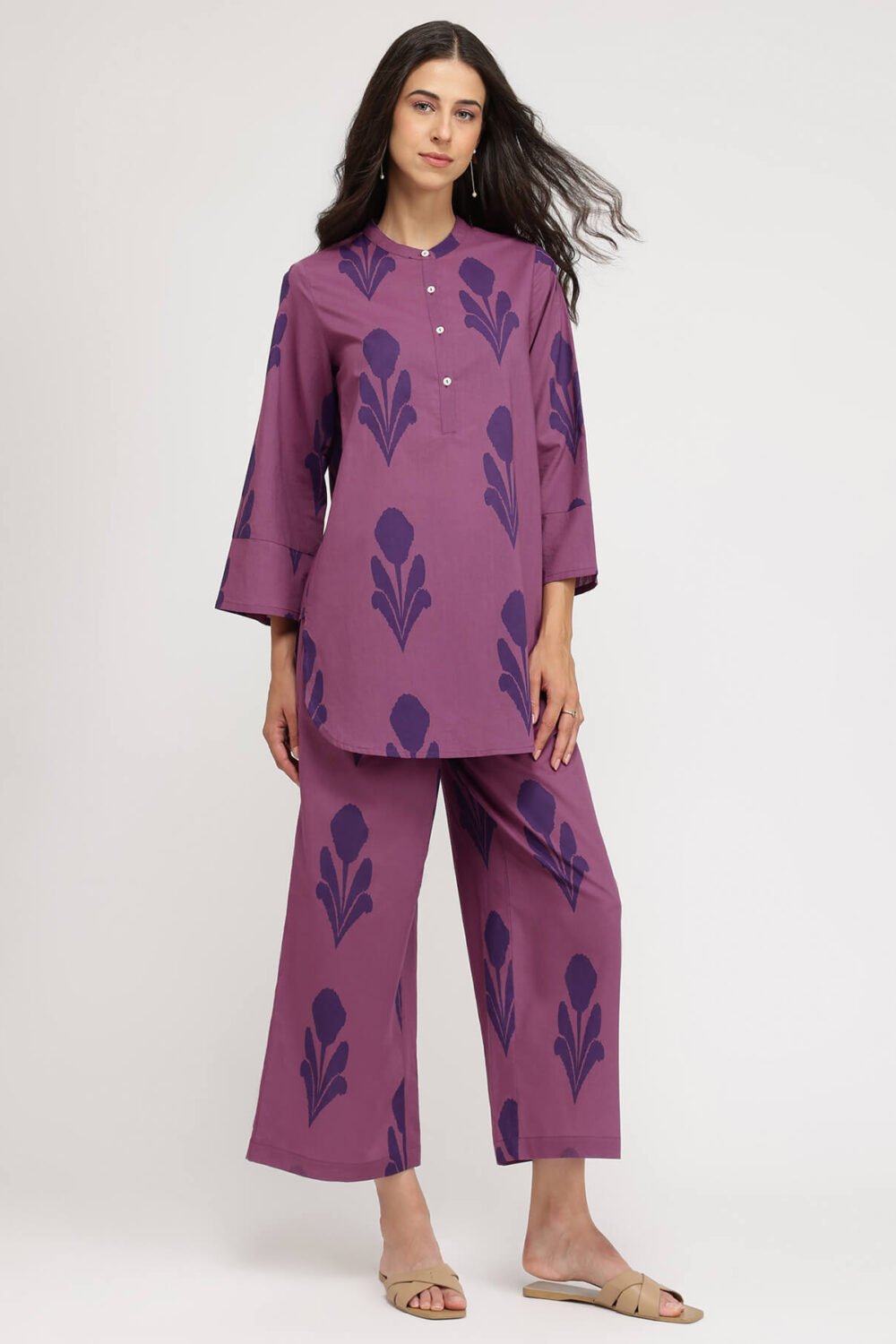 Cotton Geometric Print Co-ord Set - Purple