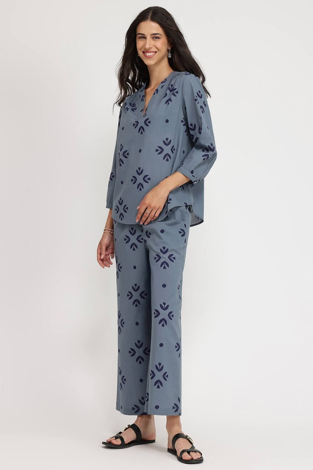 Cotton Floral Motif Co-ord Set - Blue