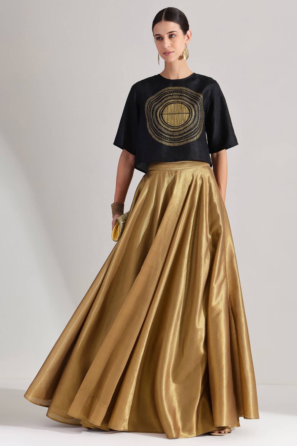 Silk Tissue Statement Print Skirt Set - Black & Gold
