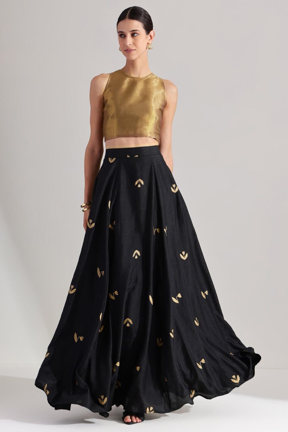 Gold Tissue Solid A-Line Skirt Set - Black & Gold