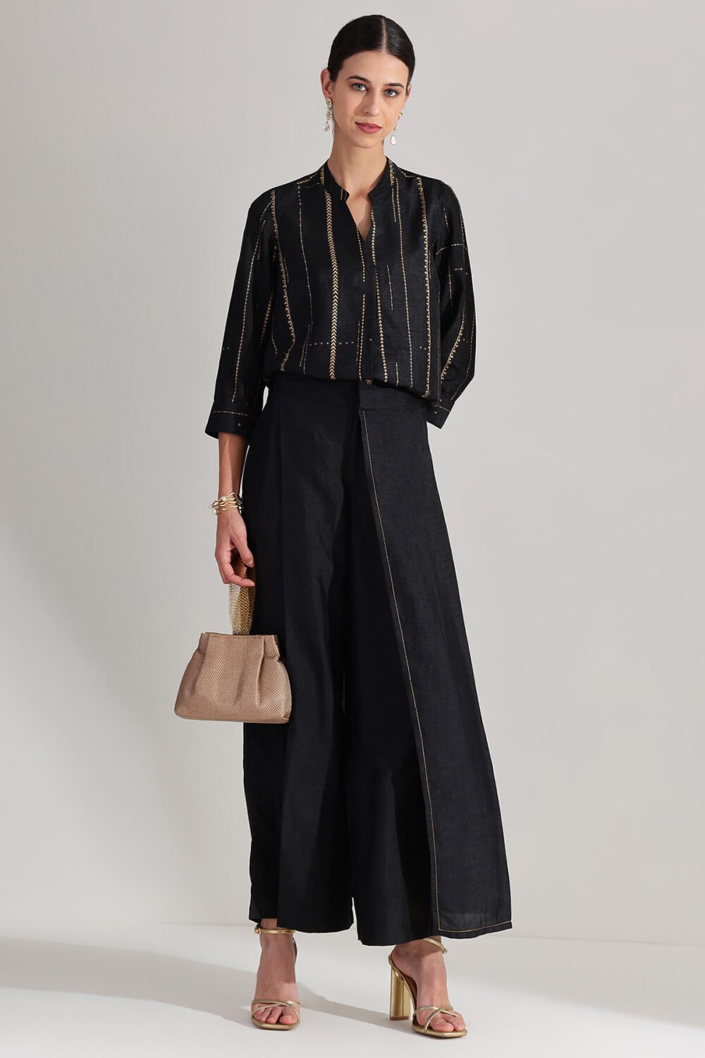 Silk Blend Geometric Print Co-ord Set - Black & Gold