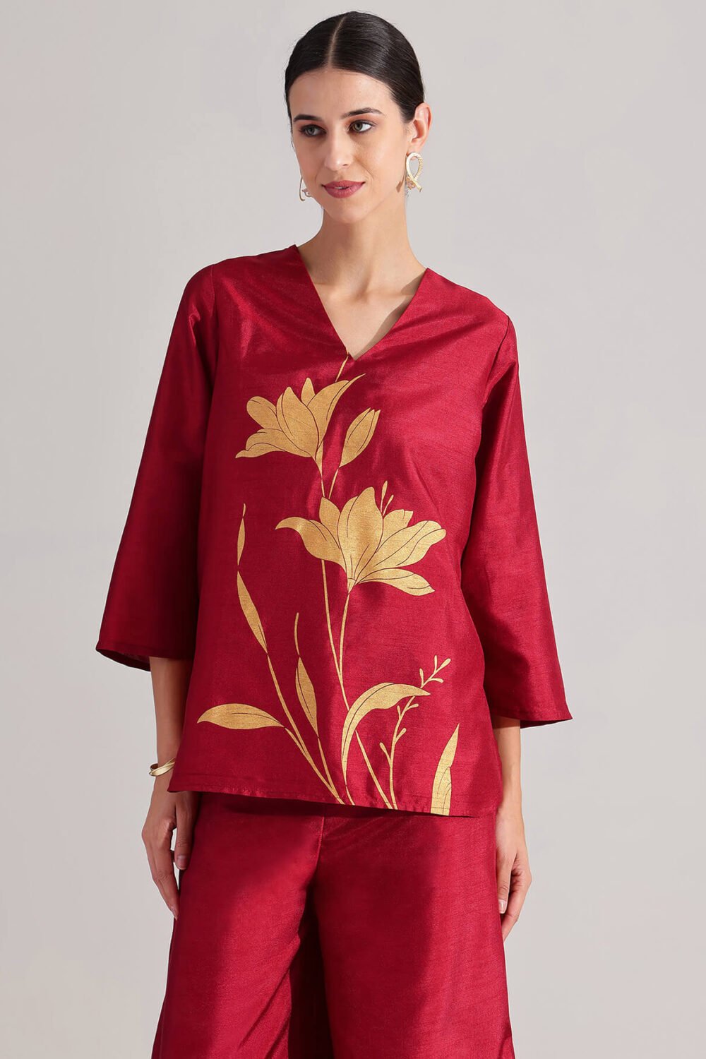 Silk Floral Statement Print Co-ord Set - Maroon & Gold