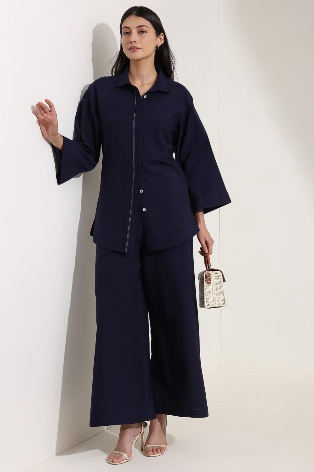 Linen Blend Solid Co-ord Set - Navy Blue