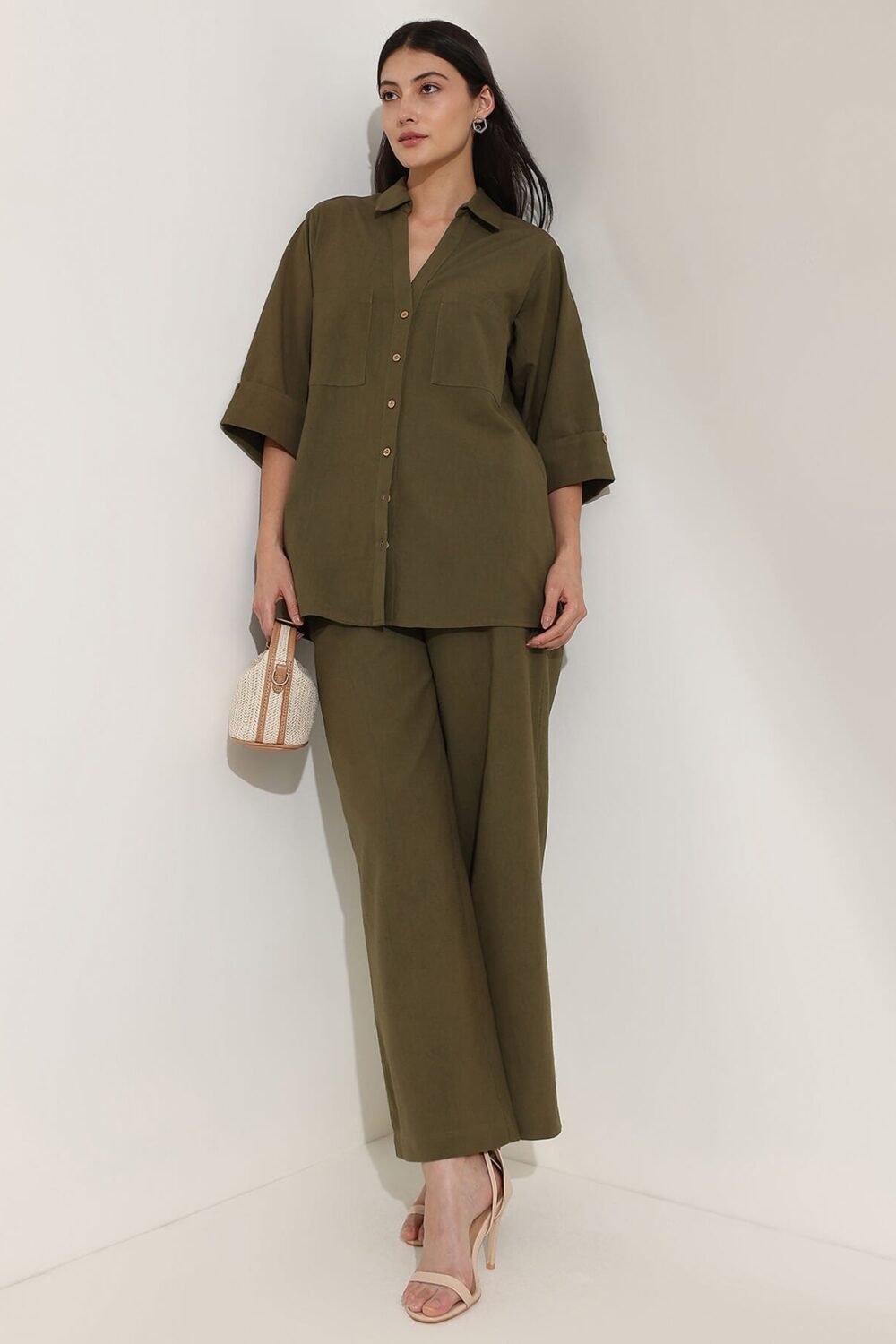 Linen Blend Solid Co-ord Set - Olive