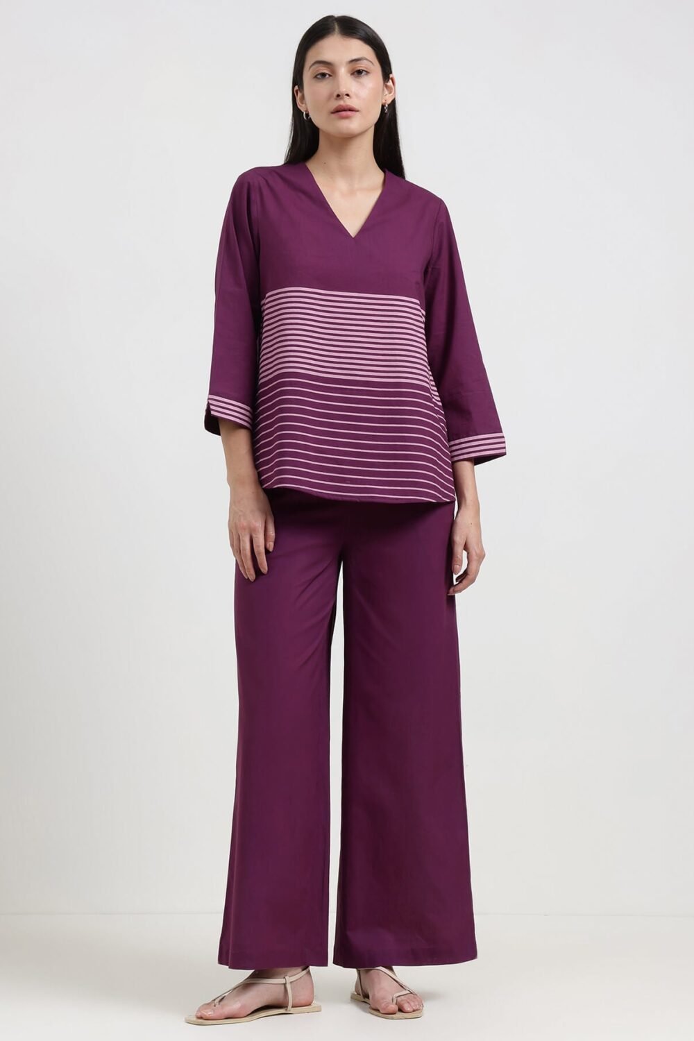 Cotton Striped Co-ord Set - Purple