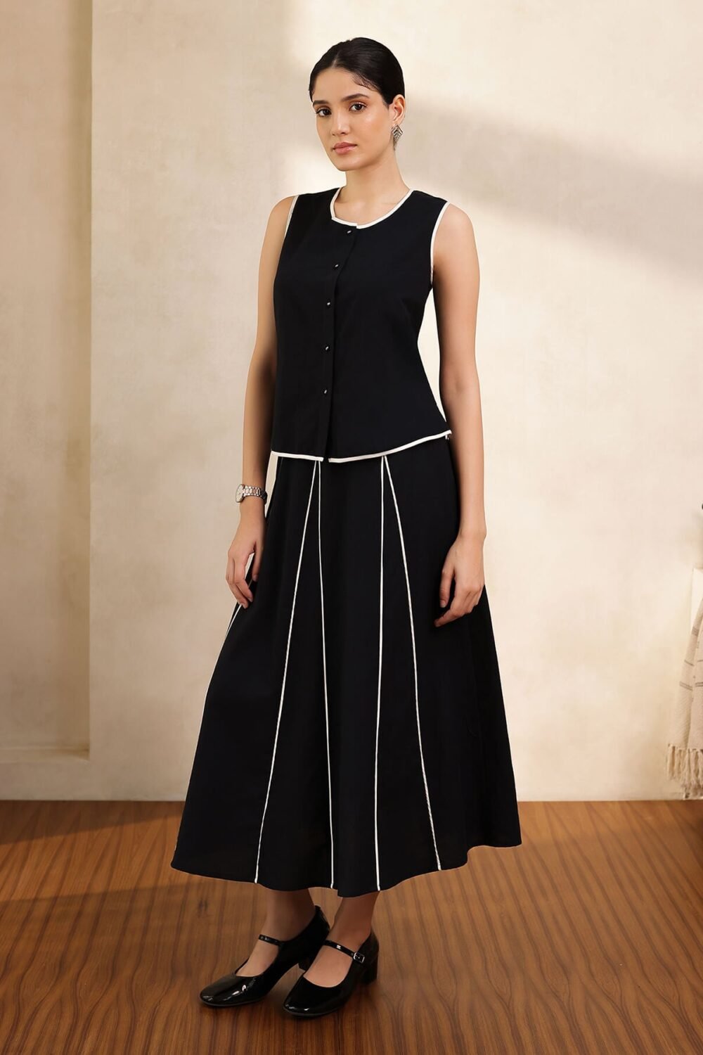 Linen Blend Colourblock Co-ord Set - Black