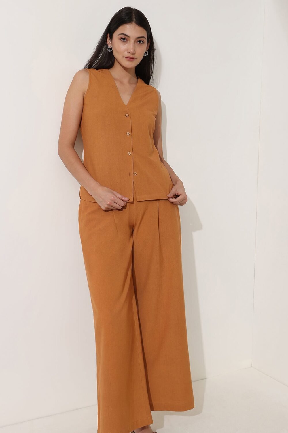 Linen Blend Solid Co-ord Set - Mustard