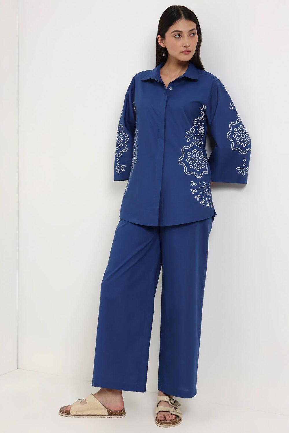 Cotton Floral Shirt Style Co-Ord Set - Blue