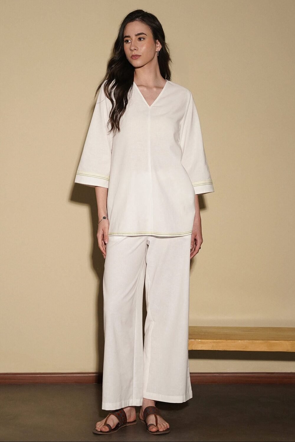 Linen Blend Solid Co-Ord Set - White