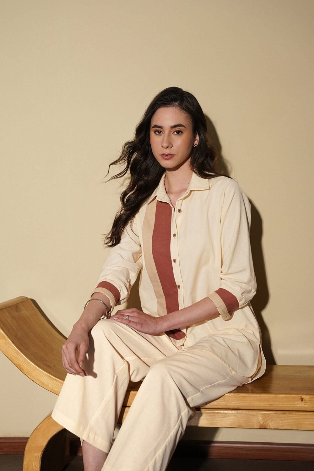 Linen Blend Colourblock Co-Ord Set - Off-White