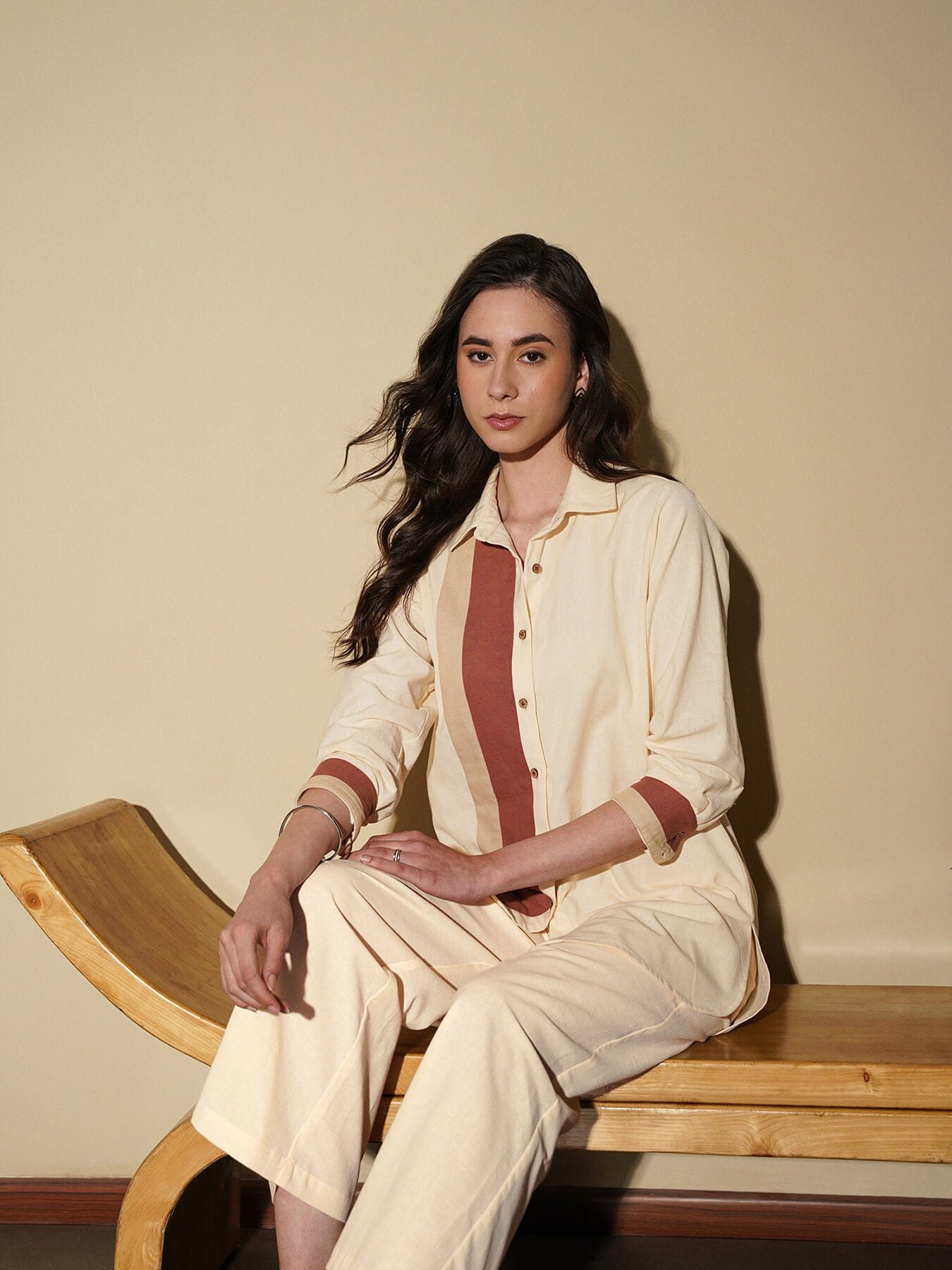 Linen Blend Colourblock Co-Ord Set - Off-White