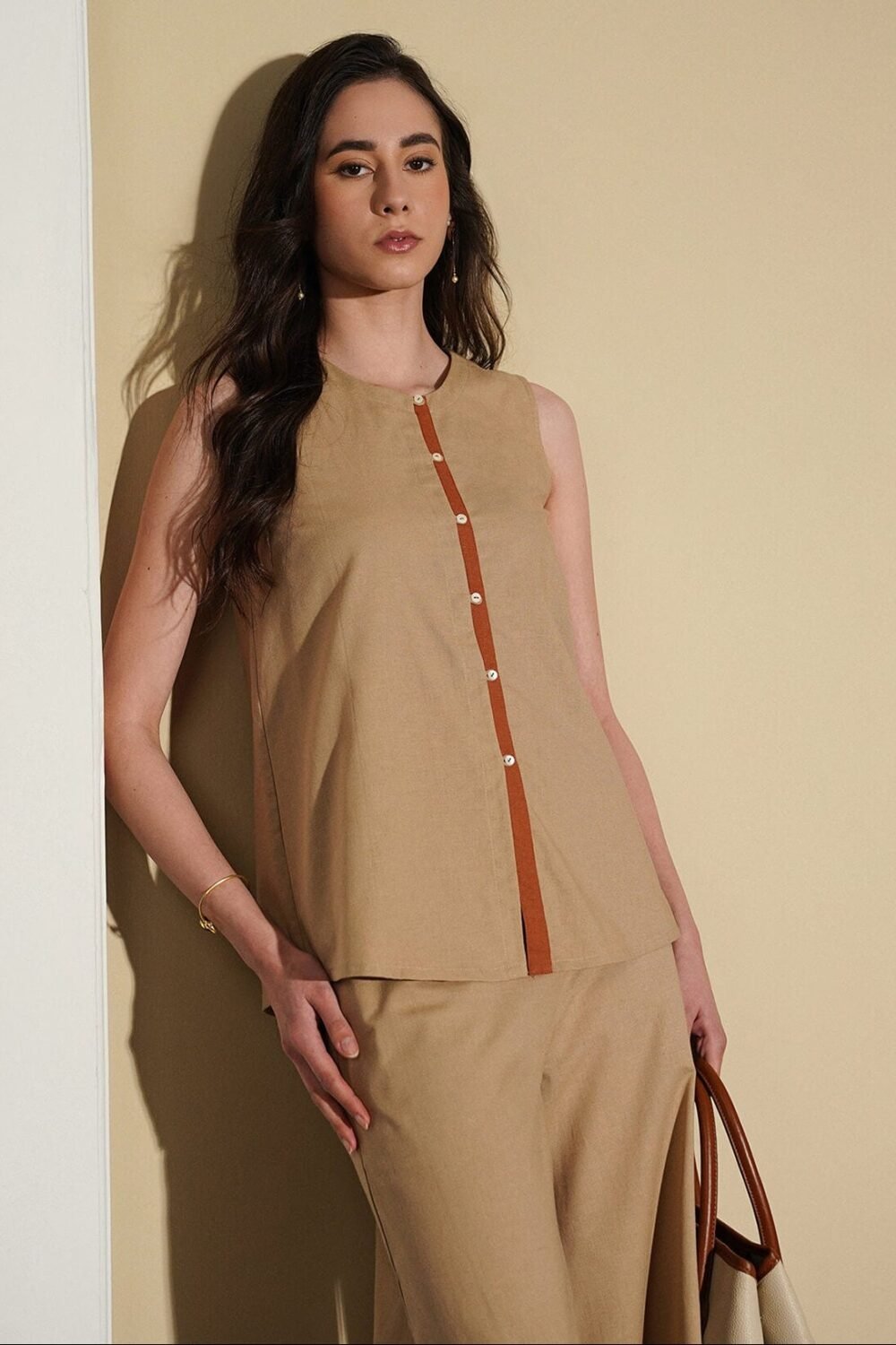 Linen Blend Colourblock Co-Ord Set -  Beige