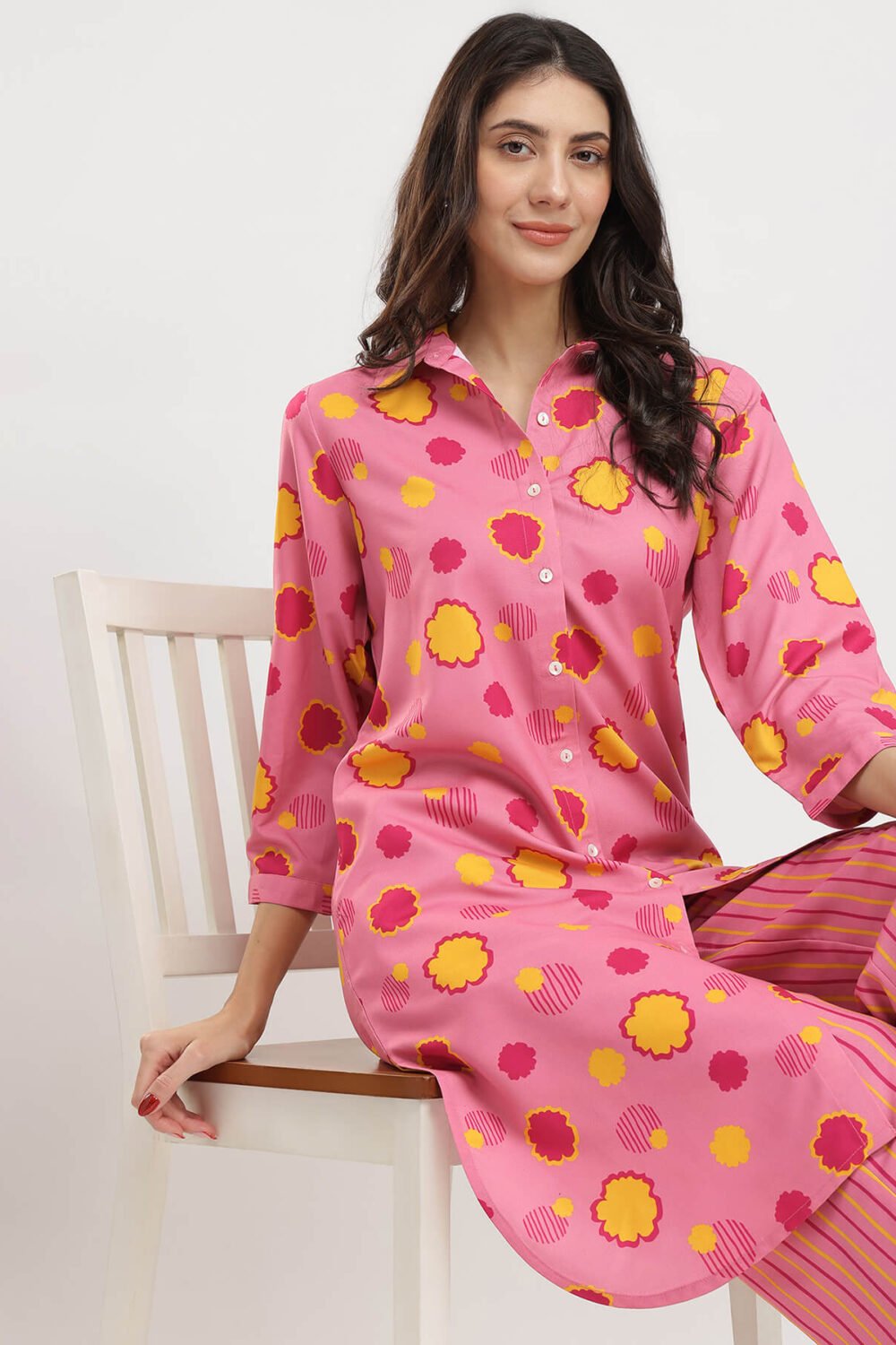 Rayon Floral Shirt Collar Kurta Set - Pink